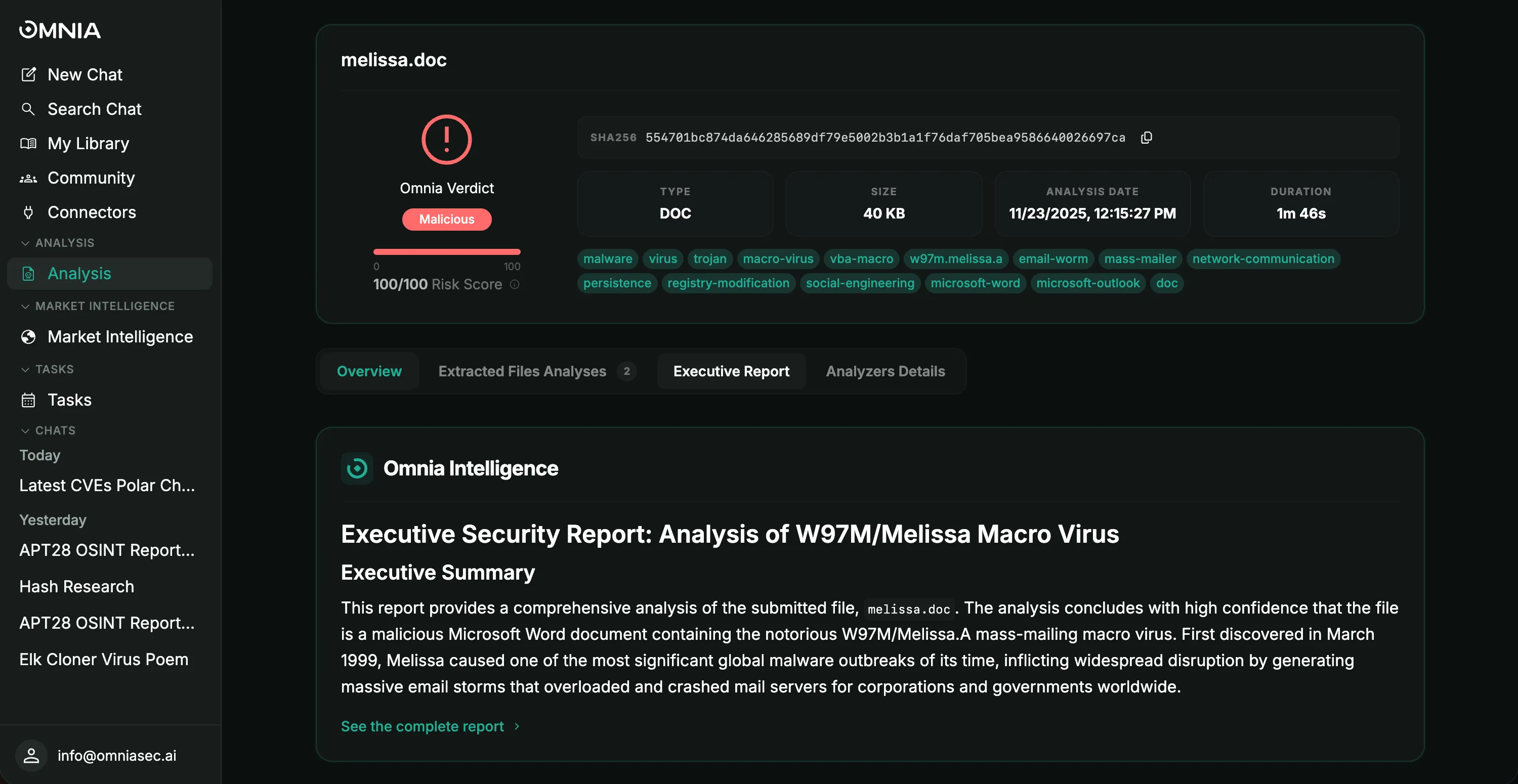 Omnia file analysis interface
